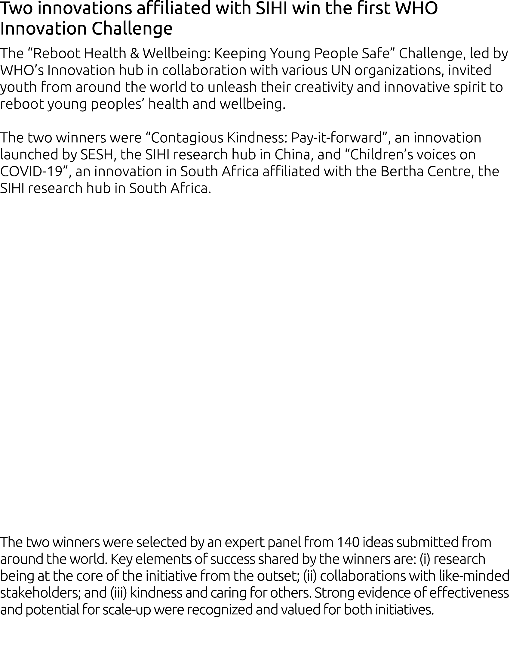 Two innovations affiliated with SIHI win the first WHO Innovation Challenge The  Reboot Health & Wellbeing: Keeping Y   